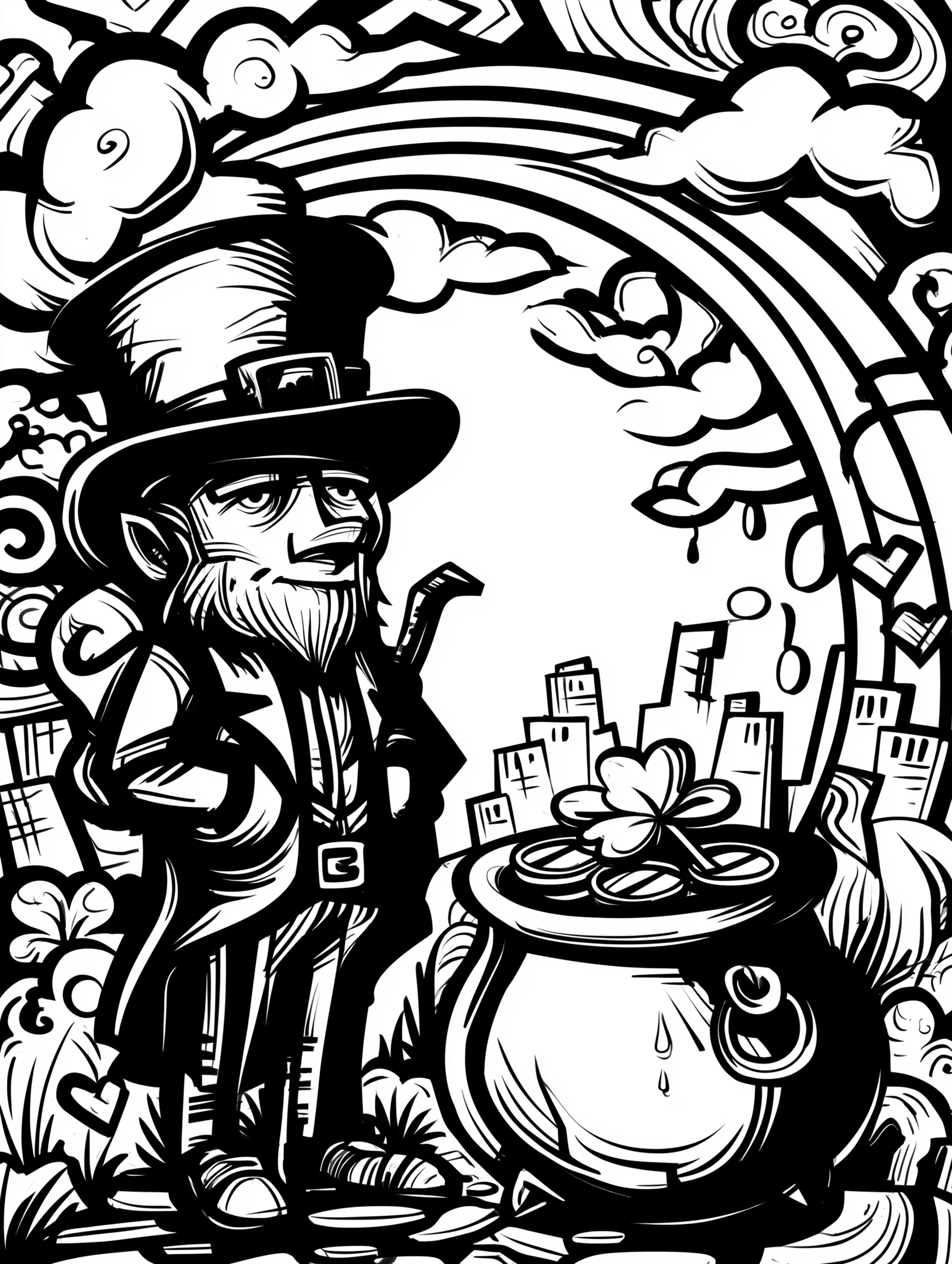 Free printable St Patricks Day coloring page for adults featuring a leprechaun with hands in pockets